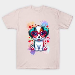 Rainbow Cute Dog Wearing Glasses Heart Puppy Love Dog Funny T-Shirt